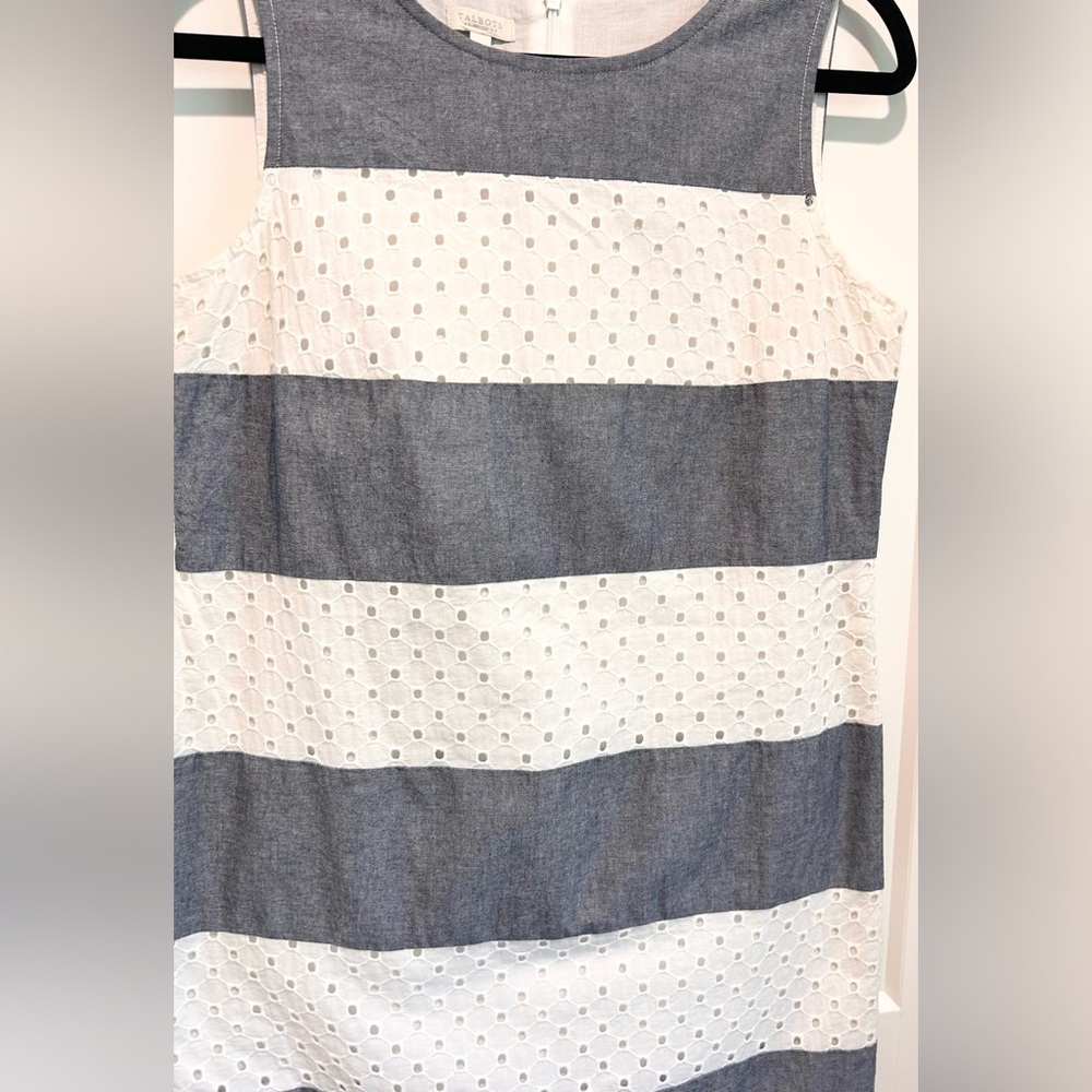 Talbots Petite Eyelet Stripe Shift Dress 8P Blue White Cotton Summer - Picture 3 of 8
